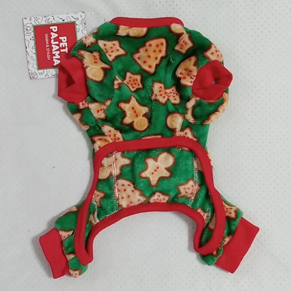Pet Pajamas Christmas Onesie Green Red Gingerbread Man Plush Velour